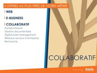 13
5 OFFRES AU PLUS PRÈS DE VOTRE MÉTIER
2015
Séminaire Smile - Drupal 8
WEB
E-BUSINESS
COLLABORATIF
Portails intranet
Gestion documentaire
Digital Asset Management
Réseaux sociaux d’entreprise
Recherche
COLLABORATIF
 