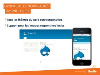 35
DRUPAL 8: LES NOUVEAUTÉS
Tous les thèmes du core sont responsives
Support pour les images responsives inclus
2015
Séminaire Smile - Drupal 8
«MOBILE FIRST»
 