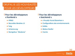 39
DRUPAL 8: LES NOUVEAUTÉS
Pour les développeurs
« frontend »
 HTML5
 Nouvelles librairies JS
 Twig
 Schema.org
 Navigateur “Moderne”
Pour les développeurs
« backend »
 « Proudly Found Elsewhere »
 Configurations des environnements
 Entités
 Moteur Restful
 Cache
2015
Séminaire Smile - Drupal 8
POUR LES DÉVELOPPEURS
 