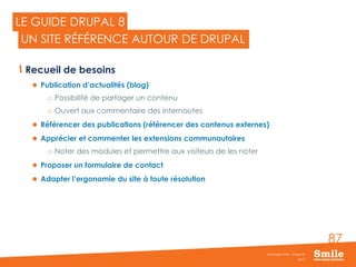 87
Recueil de besoins
 Publication d’actualités (blog)
o Possibilité de partager un contenu
o Ouvert aux commentaire des internautes
 Référencer des publications (référencer des contenus externes)
 Apprécier et commenter les extensions communautaires
o Noter des modules et permettre aux visiteurs de les noter
 Proposer un formulaire de contact
 Adapter l’ergonomie du site à toute résolution
2015
Séminaire Smile - Drupal 8
LE GUIDE DRUPAL 8
UN SITE RÉFÉRENCE AUTOUR DE DRUPAL
 