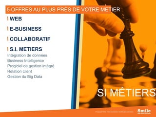 14
5 OFFRES AU PLUS PRÈS DE VOTRE METIER
© Copyright Smile - Toute reproduction interdite sans autorisation
WEB
E-BUSINESS
COLLABORATIF
S.I. METIERS
Intégration de données
Business Intelligence
Progiciel de gestion intégré
Relation client
Gestion du Big Data
SI MÉTIERS
 