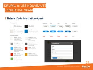28
DRUPAL 8: LES NOUVEAUTÉS
Thème d’administration épuré
© Copyright Smile - Toute reproduction interdite sans autorisation
L’INITIATIVE SPARK
 