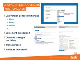 29
DRUPAL 8: LES NOUVEAUTÉS
© Copyright Smile - Toute reproduction interdite sans autorisation
MULTILINGUISME
Une version pensée multilingue
 Blocs
 Menus
 Entités
 …
Seulement 4 modules !
Choix de la langue
par défaut
Translitération
Meilleure indexation
 