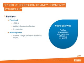 62
DRUPAL 8: POURQUOI? QUAND? COMMENT?
Fidéliser
 Front-end
o HTML5
o Mobile / Responsive Design
o Accessibilité
 Multilinguisme
o Prise en charge cohérente au sein du
noyau
© Copyright Smile - Toute reproduction interdite sans autorisation
POURQUOI?
Votre Site Web
Fidéliser
en proposant
une expérience
utilisateur
de qualité
 