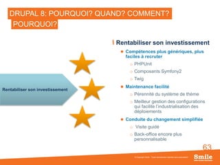 63
DRUPAL 8: POURQUOI? QUAND? COMMENT?
Rentabiliser son investissement
 Compétences plus génériques, plus
faciles à recruter
o PHPUnit
o Composants Symfony2
o Twig
 Maintenance facilité
o Pérennité du système de thème
o Meilleur gestion des configurations
qui facilite l’industrialisation des
déploiements
 Conduite du changement simplifiée
o Visite guidé
o Back-office encore plus
personnalisable
© Copyright Smile - Toute reproduction interdite sans autorisation
POURQUOI?
Rentabiliser son investissement
 