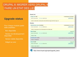 DRUPAL 8: MIGRER VERS DRUPAL 8?
Upgrade status
Pour chaque module quatre
états possibles:
• Non disponible
• Version de développement
disponible
• Version stable disponible
• Intégré au core
FAIRE UN ETAT DES LIEUX
https://www.drupal.org/project/upgrade_status
 