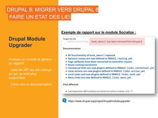 DRUPAL 8: MIGRER VERS DRUPAL 8?
Drupal Module
Upgrader
Analyse un module et génère
un rapport:
• Liste les API qui ont changé
ou qui ne sont plus
supportées
• Liens vers la documentation
FAIRE UN ETAT DES LIEUX
https://www.drupal.org/project/drupalmoduleupgrader
Exemple de rapport sur le module Socialize :
 
