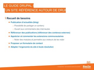 86
Recueil de besoins
 Publication d’actualités (blog)
o Possibilité de partager un contenu
o Ouvert aux commentaire des internautes
 Référencer des publications (référencer des contenus externes)
 Apprécier et commenter les extensions communautaires
o Noter des modules et permettre aux visiteurs de les noter
 Proposer un formulaire de contact
 Adapter l’ergonomie du site à toute résolution
© Copyright Smile - Toute reproduction interdite sans autorisation
LE GUIDE DRUPAL 8
UN SITE RÉFÉRENCE AUTOUR DE DRUPAL
 