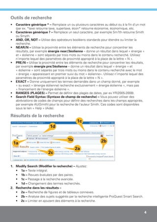 Outils de recherche
•    Caractère générique * – Remplace un ou plusieurs caractères au début ou à la fin d'un mot
     (par ex. *taxe retourne taxe, supertaxe, écon* retourne économie, économique, etc.
•    Caractères générique ? – Remplace un seul caractère, par exemple Sm?th retourne Smith
     ou Smyth.
•    AND, OR, NOT – Utilise des opérateurs booléens standards pour étendre ou limiter la
     recherche.
•    NEAR/N – Utilise la proximité entre les éléments de recherche pour concentrer les
     résultats, par exemple énergie near/3éolienne – donne un résultat dans lequel « énergie »
     et « éolienne » sont séparés par trois mots ou moins dans le contenu recherché. Utilisez
     n'importe lequel des paramètres de proximité approprié à la place de la lettre « N ».
•    PRE/N – Utilise la proximité entre les éléments de recherche pour concentrer les résultats,
     par exemple énergie pre/3éolienne – donne un résultat dans lequel « énergie » et
     « éolienne » sont séparés par trois mots ou moins dans le contenu recherché avec le mot
     « énergie » apparaissant en premier suivi du mot « éolienne». Utilisez n’importe lequel des
     paramètres de proximité approprié à la place de la lettre « N ».
•    EXACT – Donne uniquement les termes demandés dans un champ donné, par exemple
     « su exact » (énergie éolienne) recherche exclusivement « énergie éolienne », mais pas
     « financement de l'énergie éolienne ».
•    RANGES (PLAGES) – Permet de définir des plages de dates, par ex YR(2005-2008).
•    Search Field Syntax (Syntaxe de champ de recherche) – Vous pouvez utiliser des
     abréviations de codes de champs pour définir des recherches dans les champs appropriés,
     par exemple AU(Smith) pour la recherche de l'auteur Smith. Ces codes sont disponibles
     sous le lien « Help » (Aide).

Résultats de la recherche
                                                1c
                            1d

                                         1b                     2b
    1a
                                              2a
                           2c

1. Modify Search (Modifier la recherche) – Ajustez:
   • 1a – Texte intégral.
   • 1b – Revues évaluées par des paires.
   • 1c – Passage à la recherche avancée.
   • 1d – Changement des termes recherchés.
2. Recherche dans les résultats –
   • 2a – Recherche de figures et de tableaux connexes.
   • 2b – Analyse des sujets suggérés par la recherche intelligente ProQuest Smart Search.
   • 2c – Limiter en ajoutant des éléments à la recherche.


                                                                                               4
 