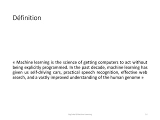 Définition
« Machine learning is the science of getting computers to act without
being explicitly programmed. In the past decade, machine learning has
given us self-driving cars, practical speech recognition, effective web
search, and a vastly improved understanding of the human genome »
Big	Data	&	Machine	Learning 13
 