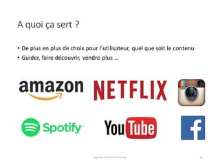 A	quoi	ça	sert	?
• De	plus	en	plus	de	choix	pour	l’utilisateur,	quel	que	soit	le	contenu
• Guider,	faire	découvrir,	vendre	plus	…
Big	Data	&	Machine	Learning 26
 