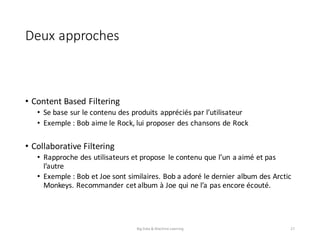 Deux	approches
• Content	Based Filtering
• Se	base	sur	le	contenu	des	produits	appréciés	par	l’utilisateur
• Exemple	:	Bob	aime	le	Rock,	lui	proposer	des	chansons	de	Rock
• Collaborative	Filtering
• Rapproche	des	utilisateurs	et	propose	 le	contenu	que	l’un	a	aimé	et	pas	
l’autre
• Exemple	:	Bob	et	Joe	sont	similaires.	Bob	a	adoré	le	dernier	album	des	Arctic
Monkeys. Recommander	cet	album	à	Joe	qui	ne	l’a	pas	encore	écouté.
Big	Data	&	Machine	Learning 27
 