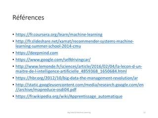 Références
• https://fr.coursera.org/learn/machine-learning
• http://fr.slideshare.net/xamat/recommender-systems-machine-
learning-summer-school-2014-cmu
• https://deepmind.com
• https://www.google.com/selfdrivingcar/
• http://www.lemonde.fr/sciences/article/2016/02/04/la-lecon-d-un-
maitre-de-l-intelligence-artificielle_4859368_1650684.html
• https://hbr.org/2012/10/big-data-the-management-revolution/ar
• http://static.googleusercontent.com/media/research.google.com/en
//archive/mapreduce-osdi04.pdf
• https://fr.wikipedia.org/wiki/Apprentissage_automatique
Big	Data	&	Machine	Learning 31
 