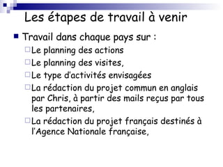 Les étapes de travail à venir Travail dans chaque pays sur :  Le planning des actions Le planning des visites, Le type d’activités envisagées La rédaction du projet commun en anglais par Chris, à partir des mails reçus par tous les partenaires, La rédaction du projet français destinés à l’Agence Nationale française, 
