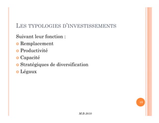 LES TYPOLOGIES D’INVESTISSEMENTS
Suivant leur fonction :
 Remplacement
 Productivité
 Capacité
Stratégiques de diversification
M.B-2010
13
 Stratégiques de diversification
 Légaux
 