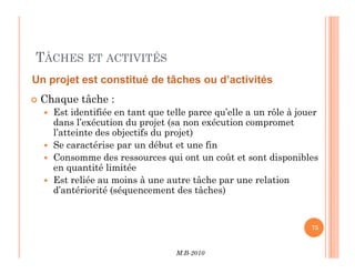 TÂCHES ET ACTIVITÉS
 Chaque tâche :
 Est identifiée en tant que telle parce qu’elle a un rôle à jouer
dans l’exécution du projet (sa non exécution compromet
l’atteinte des objectifs du projet)
Un projet est constitué de tâches ou d’activités
M.B-2010
75
75
l’atteinte des objectifs du projet)
 Se caractérise par un début et une fin
 Consomme des ressources qui ont un coût et sont disponibles
en quantité limitée
 Est reliée au moins à une autre tâche par une relation
d’antériorité (séquencement des tâches)
 