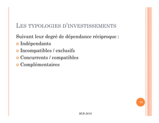 LES TYPOLOGIES D’INVESTISSEMENTS
Suivant leur degré de dépendance réciproque :
 Indépendants
 Incompatibles / exclusifs
 Concurrents / compatibles
Complémentaires
M.B-2010
15
 Complémentaires
 
