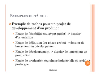 EXEMPLES DE TÂCHES
 Exemple de taches pour un projet de
développement d’un produit :
 Phase de faisabilité (ou avant projet) - dossier
d’orientation
M.B-2010
77
77
d’orientation
 Phase de définition (ou phase projet) - dossier de
lancement en développement
 Phase de développement - dossier de lancement en
production
 Phase de production (ou phase industrielle et série) -
prototype
 