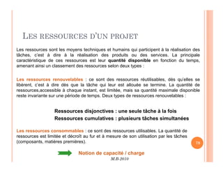 LES RESSOURCES D’UN PROJET
Les ressources sont les moyens techniques et humains qui participent à la réalisation des
tâches, c’est à dire à la réalisation des produits ou des services. La principale
caractéristique de ces ressources est leur quantité disponible en fonction du temps,
amenant ainsi un classement des ressources selon deux types :
Les ressources renouvelables : ce sont des ressources réutilisables, dès qu’elles se
libèrent, c’est à dire dès que la tâche qui leur est allouée se termine. La quantité de
M.B-2010
78
78
Les ressources consommables : ce sont des ressources utilisables. La quantité de
ressources est limitée et décroît au fur et à mesure de son utilisation par les tâches
(composants, matières premières).
Ressources disjonctives : une seule tâche à la fois
Ressources cumulatives : plusieurs tâches simultanées
Notion de capacité / charge
libèrent, c’est à dire dès que la tâche qui leur est allouée se termine. La quantité de
ressources,accessible à chaque instant, est limitée, mais sa quantité maximale disponible
reste invariante sur une période de temps. Deux types de ressources renouvelables :
 