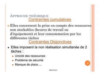 APPROCHE THÉORIQUE
 Elles concernent la prise en compte des ressources
non stockables (heures de travail ou
d’équipement) et leur consommation par les
différentes tâches
Contraintes cumulatives
M.B-2010
87
87
différentes tâches
Contraintes Disjonctives
 Elles imposent la non réalisation simultanée de 2
tâches :
 Unicité des ressources
 Problème de sécurité
 Manque de place….
 