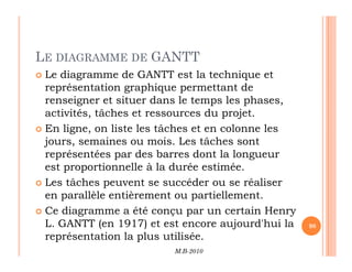 LE DIAGRAMME DE GANTT
 Le diagramme de GANTT est la technique et
représentation graphique permettant de
renseigner et situer dans le temps les phases,
activités, tâches et ressources du projet.
 En ligne, on liste les tâches et en colonne les
jours, semaines ou mois. Les tâches sont
M.B-2010
98
jours, semaines ou mois. Les tâches sont
représentées par des barres dont la longueur
est proportionnelle à la durée estimée.
 Les tâches peuvent se succéder ou se réaliser
en parallèle entièrement ou partiellement.
 Ce diagramme a été conçu par un certain Henry
L. GANTT (en 1917) et est encore aujourd'hui la
représentation la plus utilisée.
 