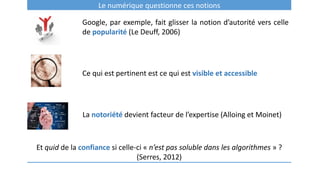Le numérique questionne ces notions
Google, par exemple, fait glisser la notion d’autorité vers celle
de popularité (Le Deuff, 2006)
Ce qui est pertinent est ce qui est visible et accessible
La notoriété devient facteur de l’expertise (Alloing et Moinet)
Et quid de la confiance si celle-ci « n’est pas soluble dans les algorithmes » ?
(Serres, 2012)
 