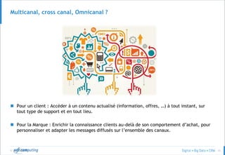 © 13
Multicanal, cross canal, Omnicanal ?
 Pour un client : Accéder à un contenu actualisé (information, offres, …) à tout instant, sur
tout type de support et en tout lieu.
 Pour la Marque : Enrichir la connaissance clients au-delà de son comportement d’achat, pour
personnaliser et adapter les messages diffusés sur l’ensemble des canaux.
 