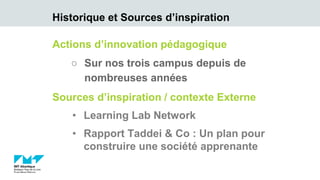 Historique et Sources d’inspiration
Actions d’innovation pédagogique
○ Sur nos trois campus depuis de
nombreuses années
Sources d’inspiration / contexte Externe
• Learning Lab Network
• Rapport Taddei & Co : Un plan pour
construire une société apprenante
 