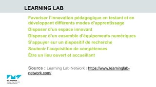 LEARNING LAB
Favoriser l’innovation pédagogique en testant et en
développant différents modes d’apprentissage
Disposer d’un espace innovant
Disposer d’un ensemble d’équipements numériques
S’appuyer sur un dispositif de recherche
Soutenir l’acquisition de compétences
Être un lieu ouvert et accueillant
Source : Learning Lab Network : https://www.learninglab-
network.com/
 