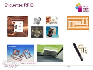 La RFID en pratique - Logistique
- 6 -
L’étiquette RFID
est sur un colis.
L’information de
l’étiquette est lue par
le lecteur
Le colis passe
devant un
lecteur RFID
et transmise
vers le SI pour
traitement
 