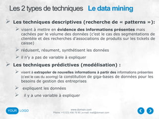 www.domain.com
Phone: +1(123) 456 78 90 | e-mail: mail@domain.com
YOUR LOGO
Les 2 types de techniques Le data mining
 Les techniques descriptives (recherche de « patterns »):
 visent à mettre en évidence des informations présentes mais
cachées par le volume des données (c’est le cas des segmentations de
clientèle et des recherches d’associations de produits sur les tickets de
caisse)
 réduisent, résument, synthétisent les données
 il n’y a pas de variable à expliquer
 Les techniques prédictives (modélisation) :
 visent à extrapoler de nouvelles informations à partir des informations présentes
(c’est le cas du scoring) la constitution de giga-bases de données pour les
besoins de gestion des entreprises
 expliquent les données
 il y a une variable à expliquer
 