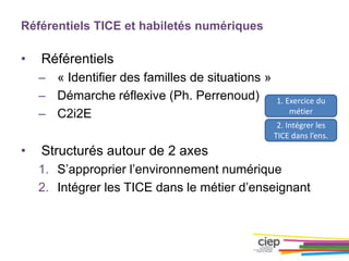 Référentiels TICE et habiletés numériques
• Référentiels
– « Identifier des familles de situations »
– Démarche réflexive (Ph. Perrenoud)
– C2i2E
• Structurés autour de 2 axes
1. S’approprier l’environnement numérique
2. Intégrer les TICE dans le métier d’enseignant
1. Exercice du
métier
2. Intégrer les
TICE dans l’ens.
 