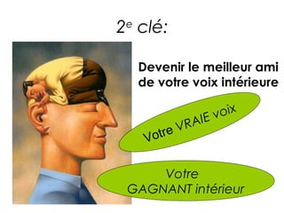 2e clé:

  Devenir le meilleur ami
  de votre voix intérieure

                    oix
                IE v
          VRA
   V otre


     Votre
 GAGNANT intérieur
 