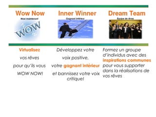 Wow maintenant         Gagnant intérieur       Équipe de rêves




  Virtualisez         Développez votre      Formez un groupe
                                            d’individus avec des
   vos rêves             voix positive,
                                            inspirations communes
pour qu’ils vous    votre gagnant intérieur pour vous supporter
                                            dans la réalisations de
 WOW NOW!           et bannissez votre voix
                                            vos rêves
                           critique!
 