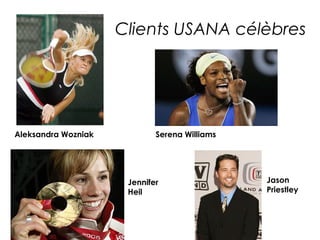 Clients USANA célèbres




Aleksandra Wozniak           Serena Williams




                      Jennifer                 Jason
                      Heil                     Priestley
 