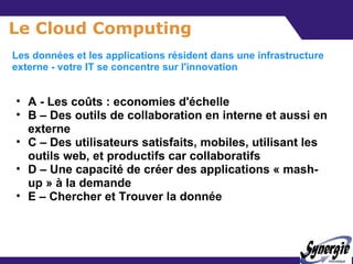 Le Cloud Computing Les données et les applications résident dans une infrastructure externe - votre IT se concentre sur l'...