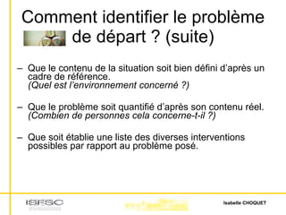 Comment identifier le problème de départ ? (suite) Que le contenu de la situation soit bien défini d’après un cadre de référence. (Quel est l’environnement concerné ?)  Que le problème soit quantifié d’après son contenu réel. (Combien de personnes cela concerne-t-il ?)   Que soit établie une liste des diverses interventions possibles par rapport au problème posé .  