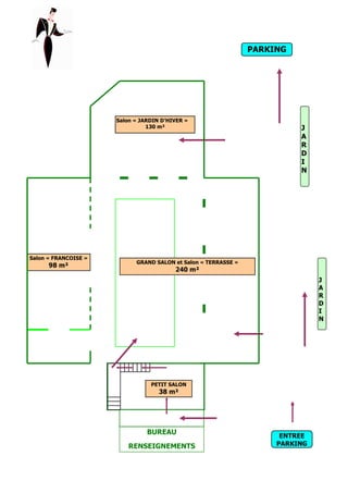 Salon « JARDIN D’HIVER »
130 m²
GRAND SALON et Salon « TERRASSE »
240 m²
Salon « FRANCOISE »
98 m²
PETIT SALON
38 m²
PARKING
ENTREE
PARKING
J
A
R
D
I
N
BUREAU
RENSEIGNEMENTS
J
A
R
D
I
N
 