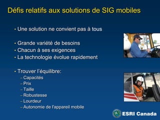 Une solution ne convient pas à tousGrande variété de besoinsChacun à sesexigencesLa technologieévoluerapidementTrouverl’équilibre:CapacitésPrixTailleRobustesseLourdeurAutonomie de l'appareil mobileDéfisrelatifs aux solutions de SIG mobiles