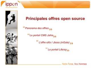 Principales offres open source

Panorama des offres

   Le portail CMS Jahia

           L’offre eXo / Jboss (inGate)

                   Le portail Liferay
 