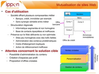 Mutualisation de sites Web
• Cas d'utilisation
                                                                   Logo           Bandeau
    – Société offrant plusieurs composantes métier
          • Banque, crédit, immobilier par exemple                                Menu

          • Sans synergie véritable entre métier        Offre       Comp 1         Comp 3
    – Structuration régionale                        bancaire
          • Informatique segmentée et non homogène
                                                                    Comp 2
          • Base de contacts éparpillées et inefficaces
    –   Présence sur le Web déficiente ou non optimisée                                  Annonces
           • Sites peu homogènes avec des trafic faibles                                 immobilières
          • Administration des contenus problématiques          Offre de crédit
          • Coûts d'hébergement dupliqués
          • Action de référencement inefficace
• Attentes concernant la solution cible                           Ventes croisées

   – Possibilité d’administration du contenu




                                                                                                        d’exigences
                                                                                                          Niveaux
   – Création d’espaces par profil
                                                                     Personnalisation
   – Proposition d’offres croisées

                                                                   Gestion de contenu
 