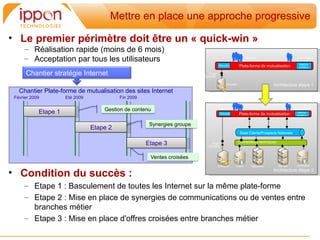 Mettre en place une approche progressive

• Le premier périmètre doit être un « quick-win »
     – Réalisation rapide (moins de 6 mois)
     – Acceptation par tous les utilisateurs                                                                Internautes                       Prescripteurs

                                                                                                                                               Gestion
                                                                                     Sécurité          Plate-forme de mutualisation            contenu

      Chantier stratégie Internet                                           Projet
                                                                          SESAME

                                                                                            Annuaire                         Architecture étape 1
   Chantier Plate-forme de mutualisation des sites Internet
 Février 2009         Eté 2009             Fin 2009


            Etape 1                  Gestion de contenu                                                      Internautes                   Prescripteurs
                                                                                                                                             Gestion
                                                                                       Sécurité        Plate-forme de mutualisation          contenu


                                                       Synergies groupe
                                 Etape 2
                                                                                                        Base Clients/Prospects Nationale


                                                      Etape 3                 Projet
                                                                            SESAME
                                                                                                       Connecteurs techniques



                                                       Ventes croisées
                                                                                     Annuaire      Crédit        Assurance      Banque       Immobilier


• Condition du succès :                                                                                                      Architecture étape 3


     – Etape 1 : Basculement de toutes les Internet sur la même plate-forme
     – Etape 2 : Mise en place de synergies de communications ou de ventes entre
       branches métier
     – Etape 3 : Mise en place d'offres croisées entre branches métier
 