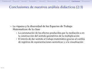 Conclusions de nos analyses didactiques (2/3)
• La richesse et diversité des Espaces de Travail Mathématique
de la classe
• La constatation des eﬀets produits par la médiation sémiotique
dans la construction du sens géométrique de la multiplication
• L’intérêt de donner du sens au travail mathématique grâce au
changement de registres de représentations sémiotiques et de la
visualisation
39/1
 