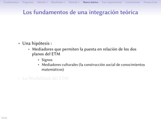 Les fondements d’une intégration théorique
• Une hypothèse :
• Les médiateurs permeent la mise en relation des deux plans de
l’ETM
• Des signes
• Des médiateurs culturels (la construction sociale de
connaissances mathématiques)
• La flexibilité de l’ETM
14/1
 