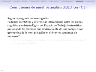 Conclusions de nos analyses didactiques (1/3)
Deuxième question de recherche :
Peut-on identifier et diﬀérencier des interactions entre les plans
cognitif et épistémologique de l’Espace de Travail Mathématique
personnel des élèves rendant compte d’une compréhension
géométrique de la multiplication pour diﬀérents ensembles de
nombres ?
• La détermination et la diﬀérentiation des interactions entre les
deux plans de l’ETM :
• Des parcours rendant compte ou non des significations
géométriques de la multiplication acquises par les élèves
• Des parcours rendant compte de la compréhension géométrique
de la multiplication n’ayant pas des trajectoires identiques
38/1
 