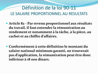 Définition de la loi 90-11
LE SALAIRE PROPORTIONNEL AU RESULTATS
 Article 82 - Par revenu proportionnel aux résultats
du ...