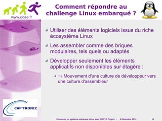 Concevoir un système embarqué Linux avec YOCTO Project - 4 Décembre 2014 14 
www.ciose.fr 
Comment répondre au 
challenge Linux embarqué ? 
Utiliser des éléments logiciels issus du riche 
écosystème Linux 
Les assembler comme des briques 
modulaires, tels quels ou adaptés 
Développer seulement les éléments 
applicatifs non disponibles sur étagère : 
Þ Mouvement d'une culture de développeur vers 
une culture d'assembleur 
 