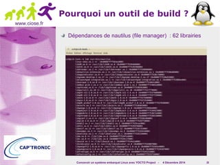 Concevoir un système embarqué Linux avec YOCTO Project - 4 Décembre 2014 20 
www.ciose.fr 
Pourquoi un outil de build ? 
Dépendances de nautilus (file manager) : 62 librairies 
 