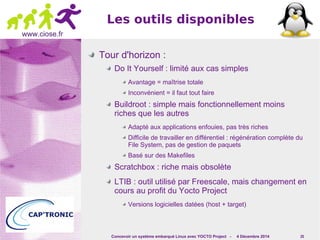 Les outils disponibles 
Concevoir un système embarqué Linux avec YOCTO Project - 4 Décembre 2014 25 
www.ciose.fr 
Tour d'horizon : 
Do It Yourself : limité aux cas simples 
Avantage = maîtrise totale 
Inconvénient = il faut tout faire 
Buildroot : simple mais fonctionnellement moins 
riches que les autres 
Adapté aux applications enfouies, pas très riches 
Difficile de travailler en différentiel : régénération complète du 
File System, pas de gestion de paquets 
Basé sur des Makefiles 
Scratchbox : riche mais obsolète 
LTIB : outil utilisé par Freescale, mais changement en 
cours au profit du Yocto Project 
Versions logicielles datées (host + target) 
 