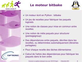 Concevoir un système embarqué Linux avec YOCTO Project - 4 Décembre 2014 32 
www.ciose.fr 
Le moteur bitbake 
Un moteur écrit en Python : bitbake 
Un jeu de recettes pour fabriquer les paquets 
logiciels 
Une notion de classes pour mise en commun entre 
recettes 
Une notion de méta paquets pour structurer 
(packagegroup) 
Des dépendances entre paquets, décrites dans les 
recettes, ou déterminées automatiquement (librairies 
partagées) 
Pour chaque recette des tâches élémentaires 
Calcul de l'arbre des dépendances pour fabriquer les 
paquets dans le bon ordre 
 